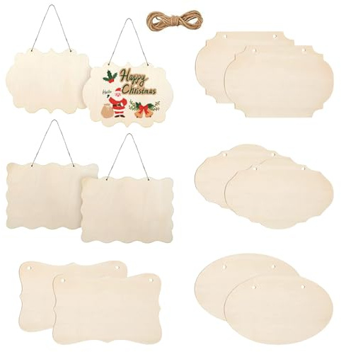 Unfinished Wood Sign, 12 Pcs Wooden Hanging Plaques Blank(6 Shape) | 15.5 x 11.8 x 0.3 cm Decorative Wood Plaque Slices Banners Blanks with Ropes for Crafts DIY Painting Burning Carving