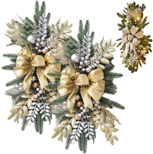 2 Piezas de Corona navideña en Forma de lágrima, Adorno de Escalera preiluminado inalámbrico Iluminado, Coronas navideñas Colgantes para Ventana de Pared de Puerta Delantera, guirnaldas Doradas