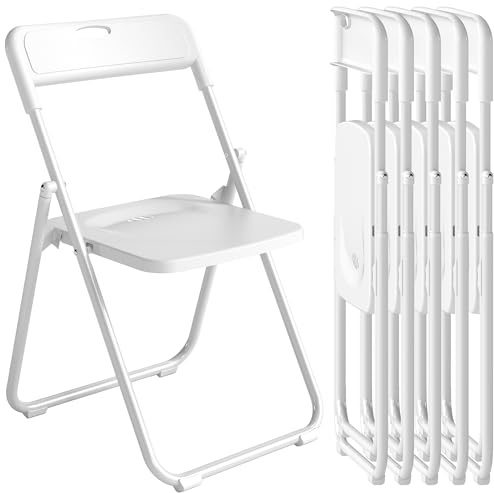 HOMCOM Lot de 6 chaises pliantes en plastique et acier, chaises pliantes intérieures portables, dossier incurvé, assise concave, aération, trou de transport, pour maison, bureau, salle à manger, blanc