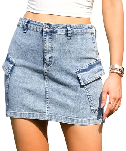 Allegra K Minifalda Vaquera para Mujer Elástica con Bolsillos de Solapa Estilo Cargo Y2K Azul Claro M