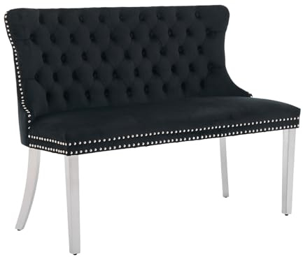 Schwarze Samt-Esszimmerbank mit Rückenlehne, silberne Edelstahlbeine | Chesterfield-Stil; Knopfheftung; Ziernägel; 116 cm breit; 227 kg belastbar; für Esszimmer, Küche und Flur; einfache Montage
