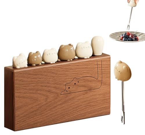 Forchette in Acciaio - 6 pezzi di posateria in acciaio inossidabile,Piccole forchette con manico a gatto e supporto in legno | per frutta, anguria, salumi, formaggio, torta, insalata
