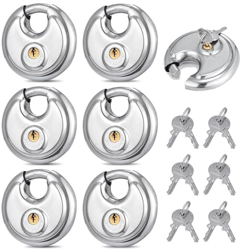 Lot de 6 cadenas à disque, 70 mm, en acier inoxydable, cadenas avec clé, antirouille, résistant aux intempéries, serrure de sécurité pour entrepôt, garage, abri de jardin et salle de sport