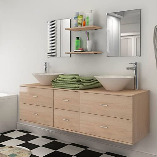 HengCaDa 7-Piece Bathroom Furniture Set Beige with Washbasin, 2 Mirrors, 2 Sinks, Wall Mounted, Wood Material, 150 x 45 x 45 cm, Storage Space with Drawers, Shelves for Bathroom and Guest Toilet