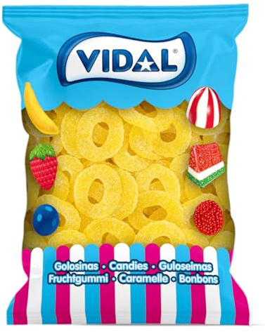 Vidal Golosinas. Rodajas de Piña. Golosinas en forma de rodaja con cobertura de azúcar y auténtico sabor a piña. Sin gluten ni grasa. Bolsa 250 u s.