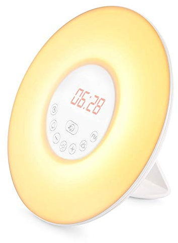 Luces-Despertador, LED Lámpara Luces-despertador, Simulación de Amanecer, Función Snooze, 7 Luces LED de Colores, Radio FM, 6 Sonidos Naturales,10 Niveles de Brillo,Wake Up Light Despertador