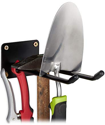 Relaxdays 2 x Gerätehalter Wandhalterung, Doppelhaken, Besenhalter, Spatenhalter zum Anschrauben, Wand, Stahl, 24cm, schwarz | Spatenhalter zum Anschrauben, Wand, Stahl, 24cm