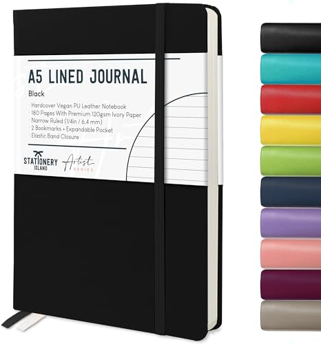 Stationery Island Cuaderno Rayado A5, Tapa Dura con Forro de Libreta con Papel Grueso Premium de 120 g/m², 180 Páginas de Tapa Dura con Rayas Para Escribir, Estudiar, Planificar, Escribir en Diario
