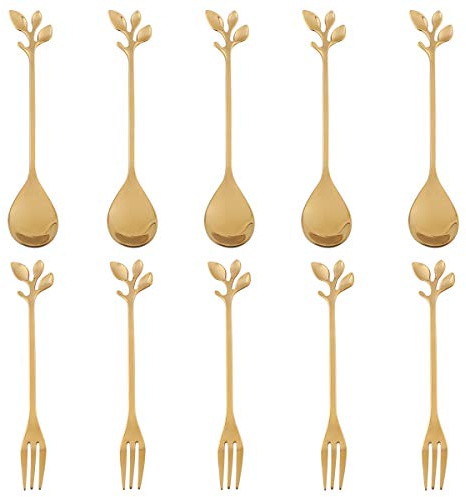 AnSaw 10-Pc Gold Mini Spoons & Forks Set, 4.7 - Stainless Steel, Leaf Handle, Ideal for Coffee,Tea, Appetizers, Tastings, Parties, Charcuterie & Cocktails