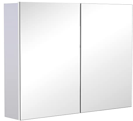 HOMCOM Double Door Wall Mounted Glass Mirror Cabinet Modern Storage Unit Bathroom Shelf Organiser Waterproof Wooden Frame 80W x 15D x 60H cm