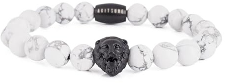 Akitsune Regis Perlenarmband - Armschmuck Damen Herren Beads Löwe - Mattschwarz - Türkis Weiß - 18cm