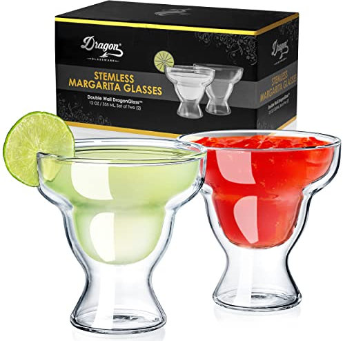 Dragon Glassware Margarita Glasses - 12 oz Clear Double Wall Stemless Margarita Glasses Set of 2 - Insulated Barware Set to Keep Beverages Hot or Cold Longer
