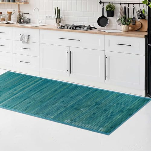CosìCasa Bambusmatte Badematte Holz rutschfest | Nachhaltiger Bambusteppich, Küchenläufer, Duschvorleger | rutschfeste Badematte Bambus | Holzmatte für Bad & Küche (Einfarbig Blau, 50 x 230 cm)