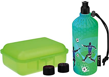 Emil Trinkflasche aus Glas inkl. Brotbox & Ersatzverschlüsse – Starterset zur Einschulung - BPA-frei & schadstofffrei, isolierend – Ziehverschluss für Wasser, Saft & Milch – Goal (0,4l)