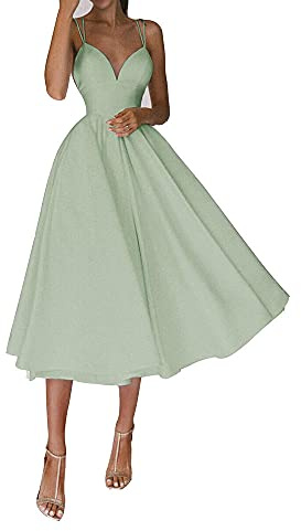 yhfshop Medium lång klänning dam brudtärneklänning satin A ord aftonklänning ljusgrön_8
