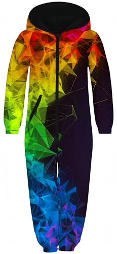 Ocean Plus Unisex Långärmat Dragkedja med Huva Fleecejumpsuit för Pojkar med Digitalt Tryck Löst Sittstycke med Huva för Flickor (höjd: 145-150cm, Flerfärgad geometri)