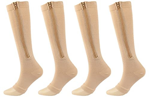 YCDZSW Calze A Compressione Donna E Uomo, 4 Paia Calza Sportive, Calza Elastica Gambaletti Con Cerniera, Per Calcio, Trekking, Ciclismo, Gravidanza (Colore della pelle,L-XL)