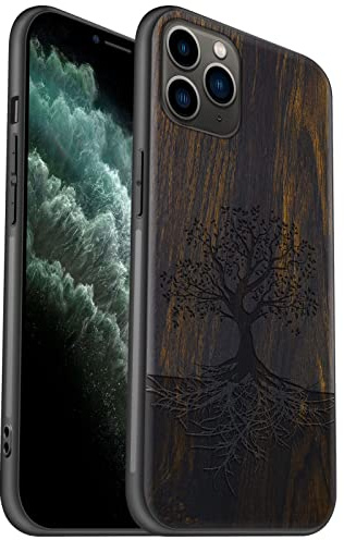 Carveit Coque pour iPhone 11 Pro Max [Élégant Bois Sombre] [Pare-Chocs en TPU Souple] Coque de téléphone Antichoc Compatible avec 11ProMax Coques en Bois (Arbre avec des Racines)