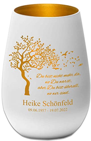 Trauerlicht - Du bist Nicht mehr da, wo Du warst, Aber Du bist überall, wo wir sind - Weiß/Gold - Gravur Namen und Datum - Gedenklicht Erinnerungslicht Grablicht Trauergeschenk