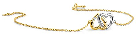 MIORE Schmuck für Damen Armband mit Diamant Anhänger zwei bicolor Herzen in Gelbgold und Weißgold und 2 Diamanten Brillanten 0,02 Ct ArmKette aus Gelbgold 9 Karat 375 Gold, Länge 16-18 cm verstellbar