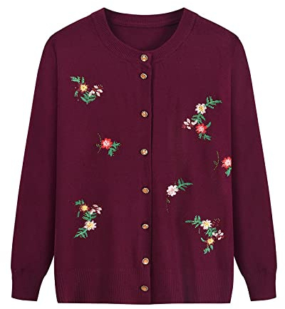 Mutters Strickpullover Winterjacke - Gestickte Blumen Herbst Warme Pullover Strickjacke Für Frauen Vintage Oma Langarmshirts Strickwaren Mantel,Lila,X,Large