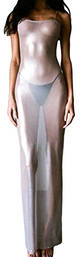 Vestido largo con tirantes delgados transparentes para mujer, sin mangas, ajustado, de malla transparente, para cubrir el bikini, traje de baño de playa, plata, L