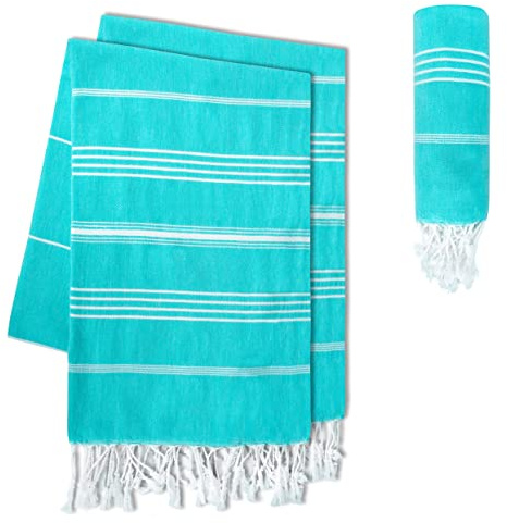 LAYNENBURG Hammam-handdukar i premiumkvalitet med handknutna fransar, 100 % bomull, XXL strandhandduk, Oeko-Tex 100, stor bastuhandduk och resehandduk, 100 x 200 cm, set med 2 (cyan)