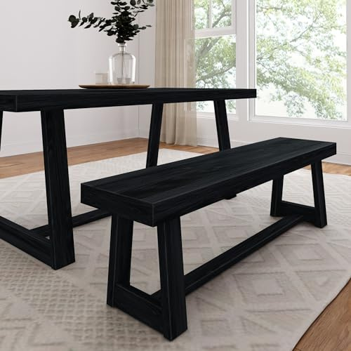 Plank+Beam 60 Inch Farmhouse Dining Bench, Solid Wood Entryway Bench, Wooden Outdoor Bench, Kitchen Dining Seat, Dining Room, Home Office, Living Room Furniture, Easy Assembly, Black Wirebrush