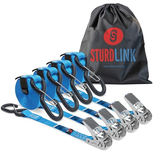 Cinghie di Fissaggio 25mm 5m con Ganci S di Sicurezza 400kg/800kg con Chiusara a Strappo + Borsa | Ideale per l'Uso su Anelli di Ancoraggio : Rimorchio, Utilità, Bagagliaio Auto, Portamoto | EN12195-2