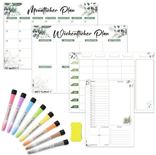 Magnetisches Whiteboard Familienplaner – Wochen-, Monats- und Tagesplaner + abwischbare To-Do-Liste, Magnettafel für den Kühlschrank, Monatskalender, Memoboard und Terminplaner auf Deutsch (4 Stücke)