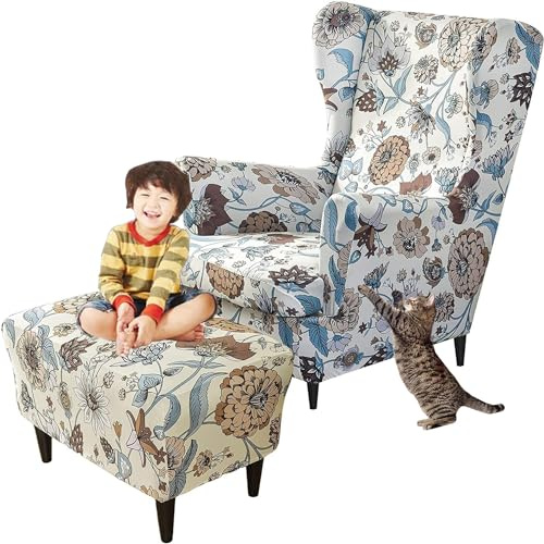 Sesselüberwürfe Elastisch 3-teilig Sesselbezug Ohrensessel Überzug Mit Ottomane Schonbezug Ohrensessel Bezug Bezug Sesselhusse Stretch Husse Für Ohrensessel (Color : #57, Size : Wingback Chair Cover