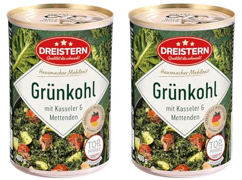 DREISTERN Grünkohl mit Kasseler und Mettenden 400 g I leckeres Fertiggericht mit Gemüse in der praktischen recycelbaren Konserve I Kombination Kasseler& Mettenden (Packung mit 2)