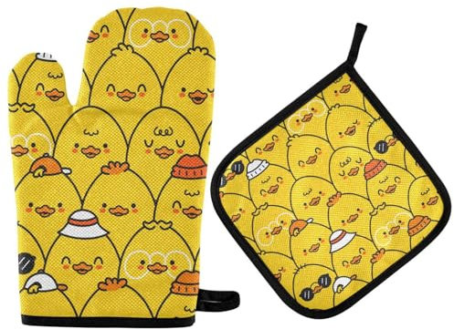 Oven Mitts and Potholder Set Cute Funny Ducks Oven Mitts Heat Resistant Kitchen Counter Safe Mats Oven Gloves Non-Slip Grip for Microwave BBQ Cooking Baking Grilling