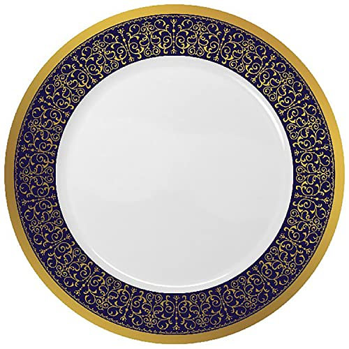 Decorline - 32 Assiettes en plastique Dur réutilisable Avec Bordure - pour 16 personnes (16x26cm & 16x18cm) - Collection Majestic - pour Anniversaires, Mariages & Fêtes - Bleu Roi/Doré