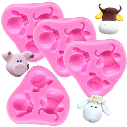 YGCHEN Tier Silikonform Kuh Schwein Schaf Form Silikonformen Bauernhoftiere Kopf Silikon Formen DIY Tiere Gießform für Fondant Schokoladen Kuchen Kerzen 4 Stück