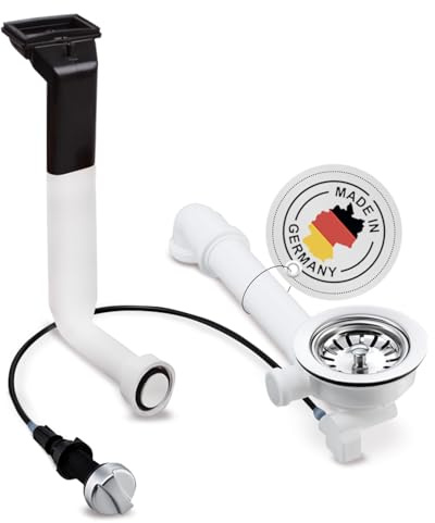 Aquade Siebkorbventil 114mm - Siebkorb Spüle - Siphon Spüle - Sifon Spüle Set Für Küche - Spülbecken Abfluss - Modell: Raumschaffer + Überlauf Spüle Rund + Bowdenzug