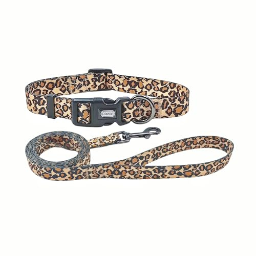 Olahibi Hundehalsband-Leinen-Set, Leopardenmuster, Polyester-Material, verstellbares Halsband und 1,5 m passende Leine, für kleine Hunde (Größe S, brauner Leopard)