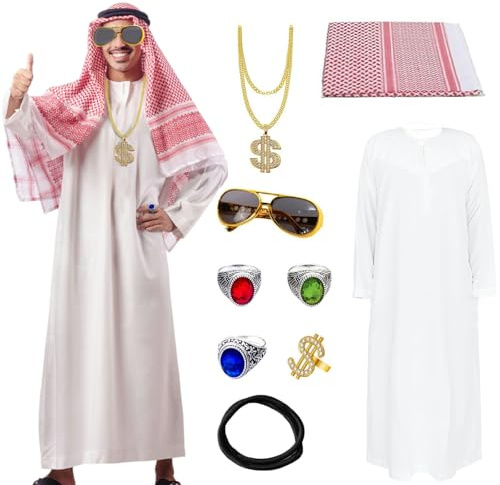 MeYuxg Scheich Kostüm für Herren, Karneval Araber Kostüm mit Kopftuch, Gewand, Finger Ring, Halsketten, Sonnenbrillen, Lustige Kostüme für Karneval, Party, Cosplay - M