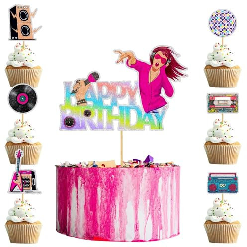 Music Cake Toppers Kits 7Pcs Pink Girl Birthday Cake Topper Disco cake topper for Rock and Roll Birthday Party Decorations Supplies Rockstar Musician Bass Guitar 80's Retro Themed Party Supplies