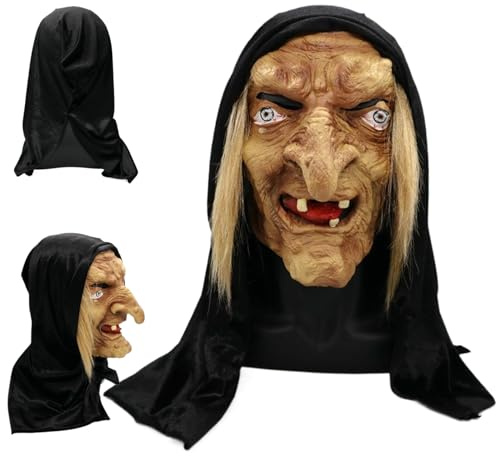 Hemore Hexenmaske, Vollkopf Latex Scarey Old Witch Masken mit Kapuzenhut, gruseliges Hexengesicht Halloween Maske für Erwachsene Halloween Party Cosplay