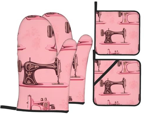 YYHWHJDE Ofenhandschuhe und Topflappen im Vintage-Stil, Rosa, 4er-Set: dick und langlebig, verbrühungsfrei und wärmeisolierend