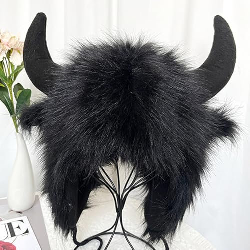 Générique Büffelhut | Plüschhut mit Ohrenschützern und Hörnern | Warme Kopfbedeckung für Halloween, Tier-Cosplay, Mottoparty | Fellhut für Männer und Frauen