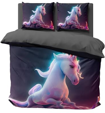 FEBE 3D Bettwäsche Einhorn Bettbezug-Set 135x200 + Kissenbezug 80x80 cm Wendebettwäsche 2 Teilig mit Reißveschluss