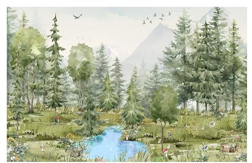 Fototapete Kinderzimmer Junge Mädchen Wald Kindertapete Bäume Vliesapete Berge Wald Vögel, Fototapeten für kinder See im Wald