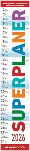 Alpha Edition - Superplaner 2026 – Calendario de rayas de 17 x 85 cm con mucho espacio para notas y fechas de vacaciones, planificador largo claro y calendario de pared para el hogar, la familia y la
