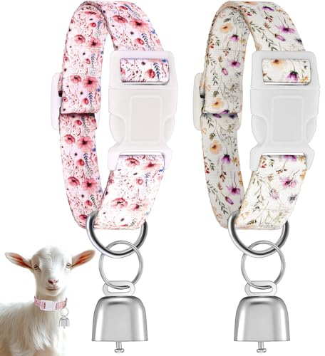 2 Pack Floral Goat Collars with Bells, White Pink Girly Pattern for Lambs