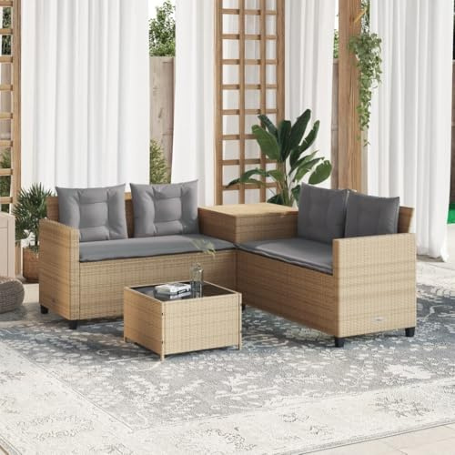 IKAYAA Polyrattan Gartenlounge, Balkon Lounge, Ecklounge mit Stauraum, Ecksofa Lounge Möbel, Gartenmöbel Set mit einem Beistelltisch Outdoor, inkl.Sitz- und Rückenkissen - Beige