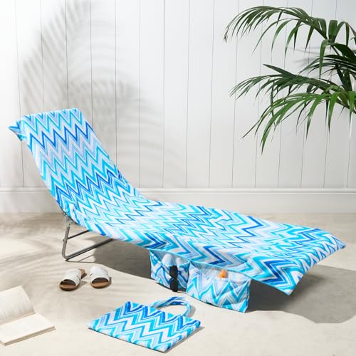 Brentfords Sun Lounger Towels Fitted Over Back of Bed, Zig Zag Swimming Pool Quick Dry Travel Large Beach Towel with Pockets for Loungers Summer Holiday Accessories, 215cm x 75cm