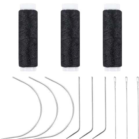 Juego de 3 rollos de hilo para tejer para el cabello, herramientas de extensión de cabello profesionales, aguja curvada con hilo de extensión de cabello para hacer pelucas, tejido de pelo cosido a