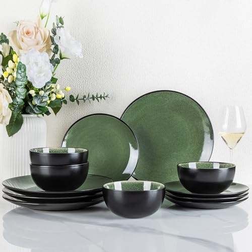 GBhome Stoneware Dinner Sets for 4 People, 12 Pieces Handcrafted Plates and Bowls Set, Scratch Resistant Dinnerware Set, Dishwasher & Microwave Safe Dishes, Evergreen